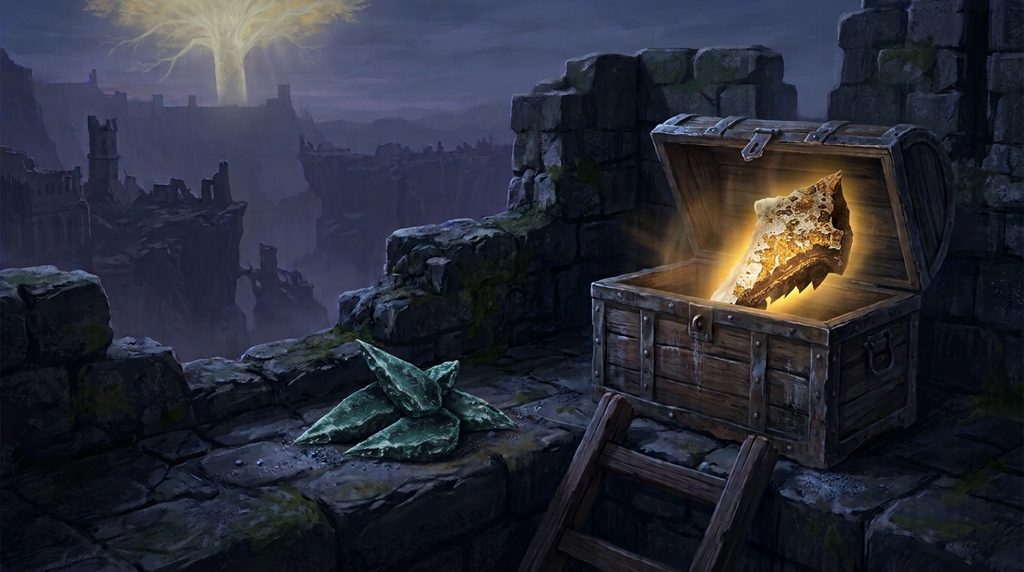 four separate somber smithing stones lying apart on the floor and one ancient dragon smithing stone in a chest