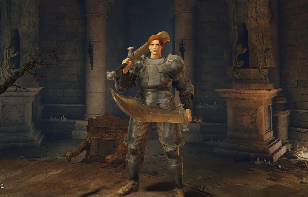 Two scimitars, chest and greaves