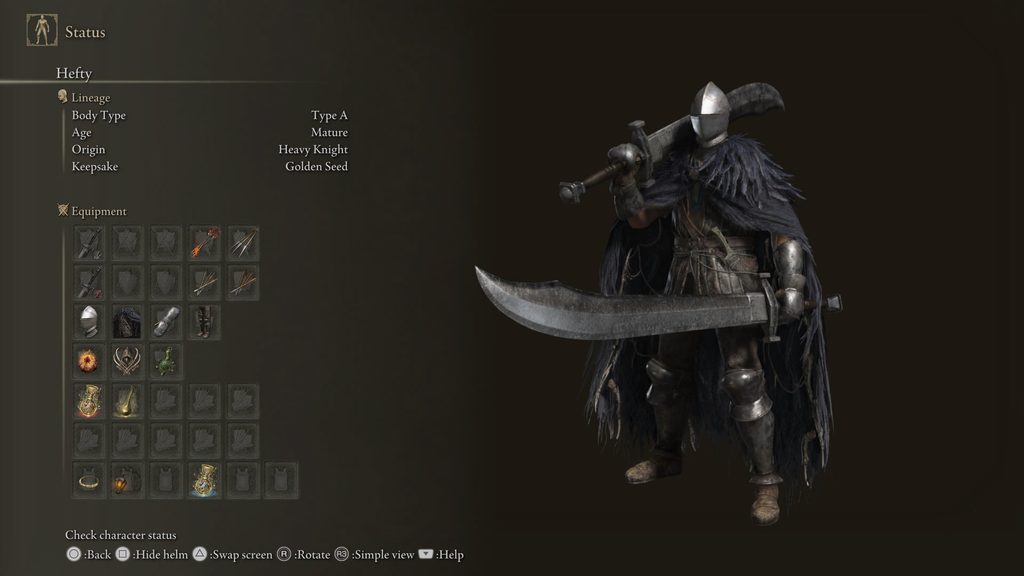in-game status screenshot with the assembled armor