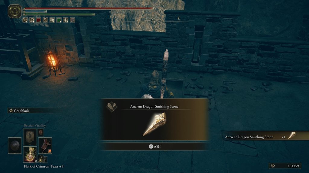 Elden Ring screenshot: the player opens the chest on the Fort of Reprimand rampart and receives an Ancient Dragon Smithing Stone.